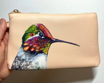 Hummingbird on pink leather clutch with zipper and strap handle Hand painted by Amy Yeager Jorge