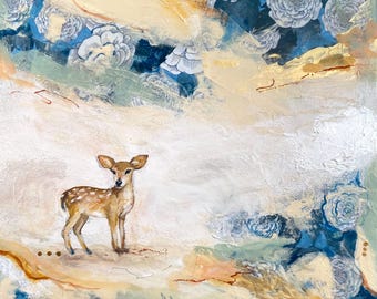 Doe Deer Art – Original Abstract Animal Painting on 8x8 Wood Panel | Textured Nature Art