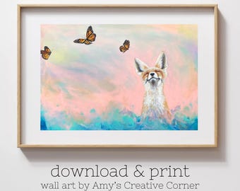 Fox and Butterflies Art Print: Whimsical Nursery Wall Decor (Digital Download)