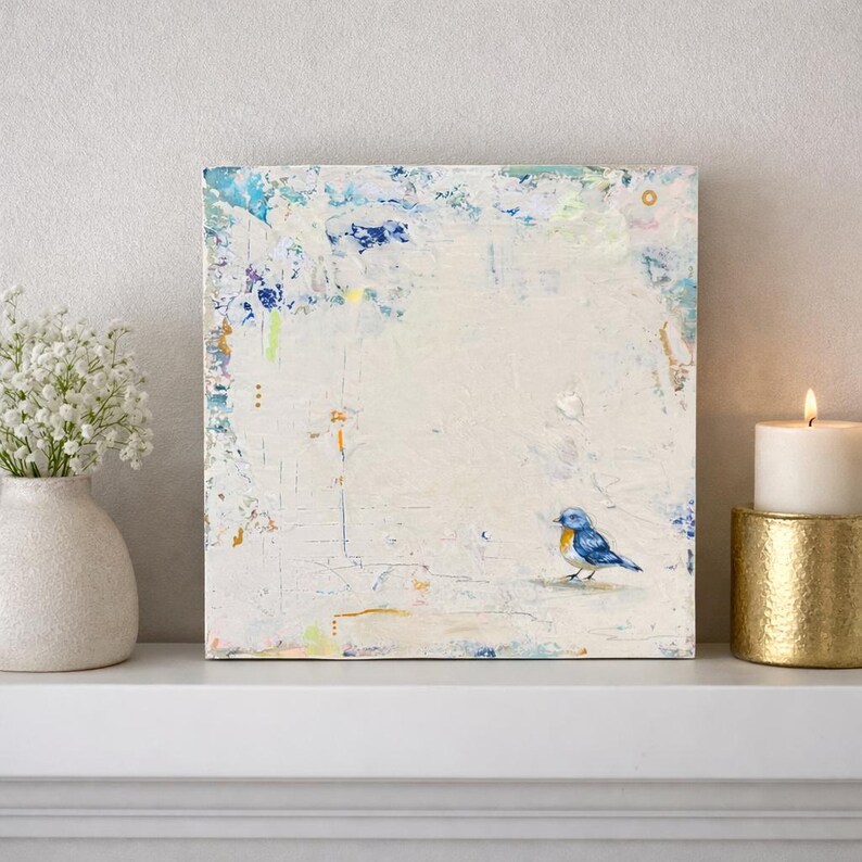Original Blue Bird Painting on Wood - Minimalist Nature Art (8x8 Inches ...