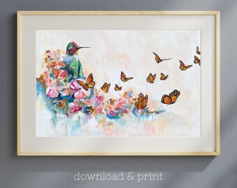 Hummingbird Monarch Butterfly Print: Abstract Bird Art (Digital Download)
