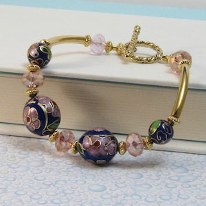 Cobalt Blue Cloisonne Bracelet with Pink Crystals, Gold, Flowers, Elegant