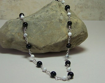 Handmade Gemstone Necklace, Black Agate and White Howlite, Sterling Silver