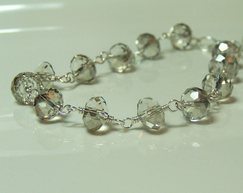 Smokey Gray Faceted Crystal Bracelet, Hand Wrapped Sterling Silver image 1