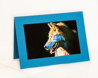 Fine Art Folded Note Card, 5x7 Matted Greeting Card With 4X6 Print, Blank Inside, With Envelope and Sleeve, Teal Card Color, Painted Wolf