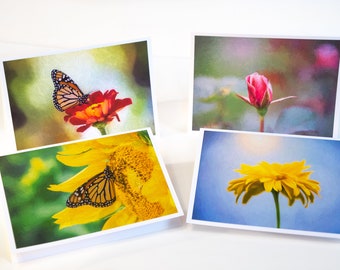 Note Cards 4 Pack, Fine Art, Photography, Blank Greeting Cards, With Envelopes, Colorful, Flowers And Butterflies,