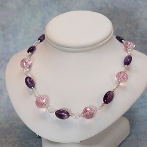 Amethyst and Pink Faceted Crystal Necklace, Hand Wrapped Sterling Silver, 19 Inches Long, Classic elegance and light catching sparkle