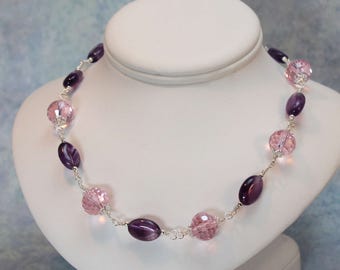 Amethyst and Pink Faceted Crystal Necklace, Hand Wrapped Sterling Silver, 19 Inches Long, Classic elegance and light catching sparkle