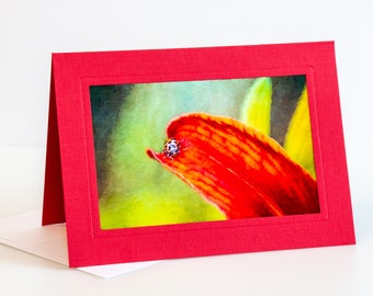 Fine Art Folded Note Card, 5x7 Red Matted Greeting Card With 4X6 Photo Print, Blank Inside with Envelope and Plastic Sleeve, Ladybug On Lily