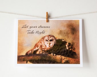 Fine Art Note Card, 4.5X6.25 Greeting Card Blank Inside, Envelope and Protective Sleeve Included, Barred Owl, Let Your Dreams Take Flight