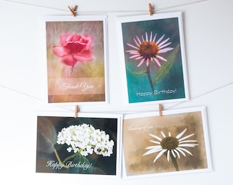 Floral Note Cards 4 Pack, Fine Art Photography, 5 X 7 Blank Greeting Cards, With Envelopes, Happy Birthday, Thank you, Thinking of you