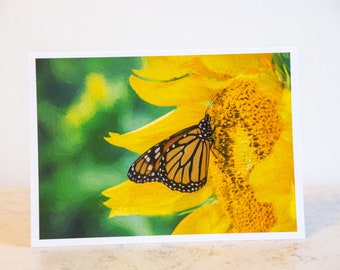 Fine Art Note Card, 5x7 Greeting Card Blank Inside, Envelope and Protective Sleeve Included, Monarch Butterfly On Yellow Sunflower