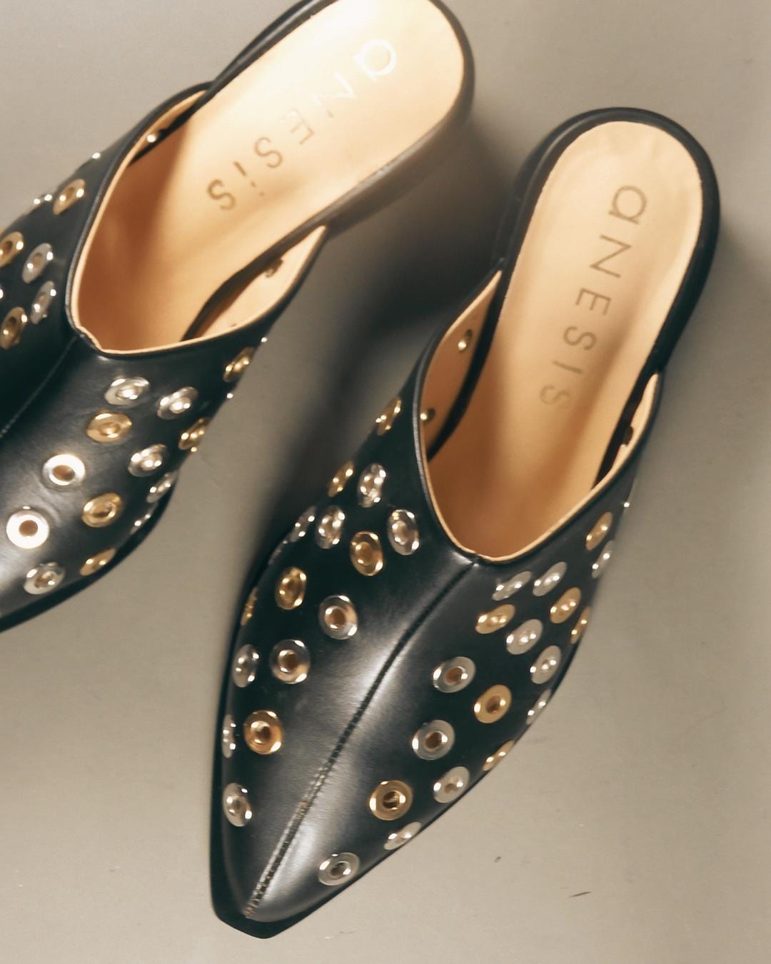 Handcrafted Leather Mules Eyelet Studded Wooden Heel Shoes