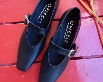 LEATHER BALLERINA CARRE | Leather ballerina shoes | Handcrafted in Greece | Heeled shoes | Women&#39;s shoes | Comfort,stylish square-toe shoes
