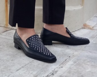 LEATHER MOCASSINS with Metallic Studs| Square-toe shoes | Heeled shoes | Classic shoes | shoes for women | Handcrafted greek shoes