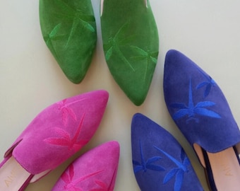 Embroidered Suede Mules: Dragonfly Pointed Leather Flats