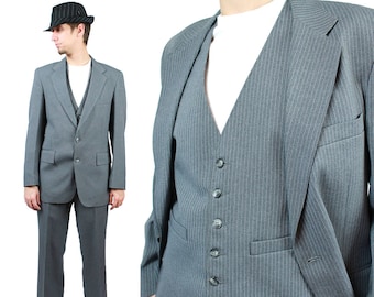 3 Piece Pinstripe Suit 39R Extra Slim 31x29 Vintage Gray Striped Gangster Costume