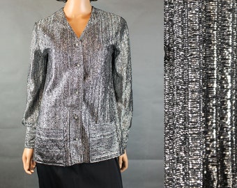 Camisa Vintage 70s Talla M Mettalic Plata Brillante Chispeante Manga Larga Blusa Disco