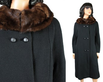 Mink Collar Winter Coat L Vintage 60s Brown Fur Black Wool Princess Jacket