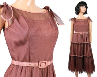50s Prom Dress XS Vintage Sleeveless Brown Tiered Tulle Cocktail Evening Gown