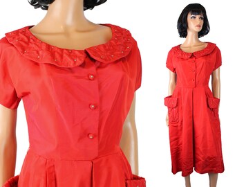 50s Cocktail Dress XS Vintage Embee Red Taffeta Rhinestone Cap Sleeve Shirtwaist