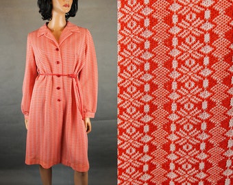 Vestido Vintage 70s Sz M Manga Larga Rojo Blanco Rayas Geométricas Botón Abajo
