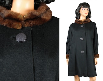 Vintage Swing Coat Sz L 50s 60s Black Wool Brown Fur Collar Cuffs Princess Jacket