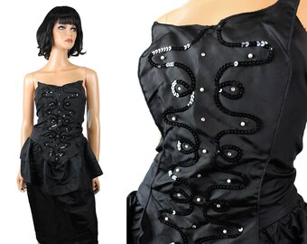 80s Prom Dress Jrs XS NOS Vintage Strapless Black Taffeta Sequin Rhinestone Gown