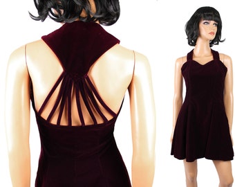 80s 90s Mini Dress Sz S Vintage Burgundy Red Velvet Prom Cocktail Gown Open Back