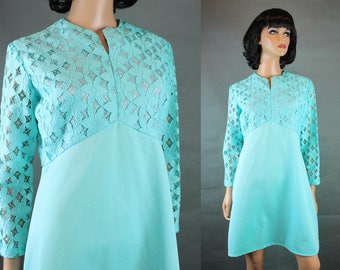 Vintage 70s Dress Sz M Puritan Light Blue Long Sheer Sleeve Lace Bust