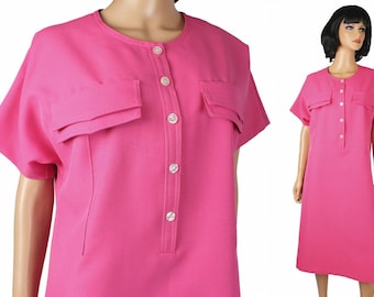 80s Secretary Dress XL Vintage Rich Miss Hot Pink Short Sleeve Shirtdress