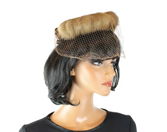 50s Pillbox Hat Vintage Brown Mink Fur Satin Bow Velvet Tulle Net Fascinator Cap