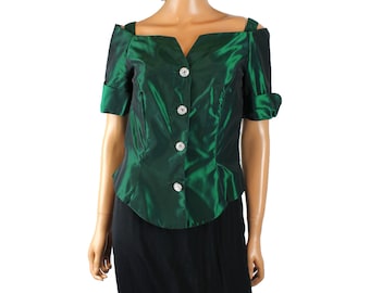 Taffeta Jacket XS S Dark Green Shiny Fitted Boat Neck Blazer Rhinestone Buttons