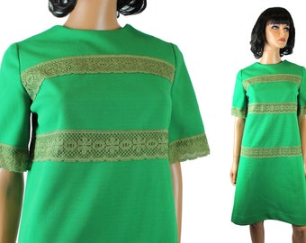 Vintage 70s Dress S M Lime Green Polyester Sage Green Lace Stripes Short Sleeve