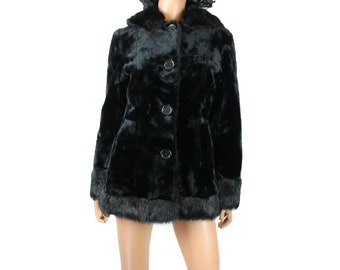 Faux Fur Princess Coat Sz S Vintage Black Seal Mink Hooded Short Flared Jacket