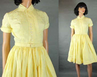 50s Party Gown Sz XS Vintage Butter Yellow Cotton Lace Flowers Shirt Dress