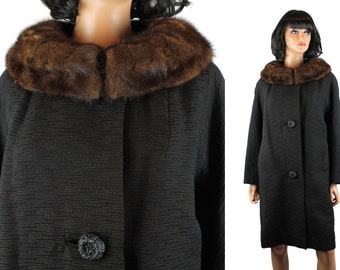 Vintage Winter Coat L XL 60s Black Brown Striped Wool Real Mink Fur Collar