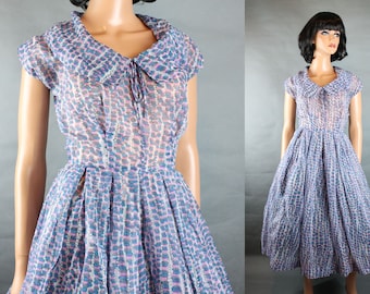 Vestido de fiesta de los años 50 Sz XS Vintage Sheer Chiffon Azul Rosa Blanco Oval Dot Vestido de fiesta