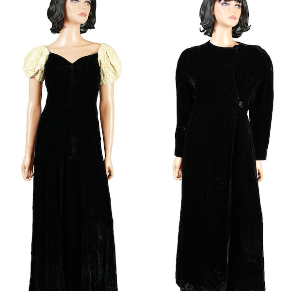 Vintage 20s 30s Dress & Coat Set XS Long Black Silk Velvet Ivory Sequins Gown Flapper Great Gatsby Costume