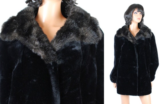 Vintage 80s 90s Winter Coat Sz L Jordache Black Faux Seal Fur