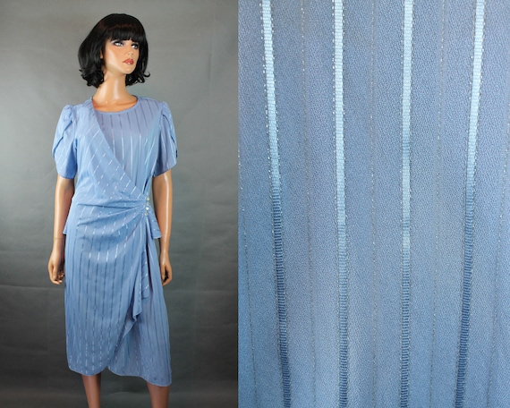 Vintage Wrap Dress Sz M 80s Light Blue Metallic S… - image 1