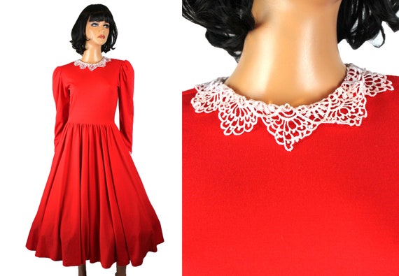 80s Party Dress 6 S Red Long Sleeve Circle Skirt … - image 1