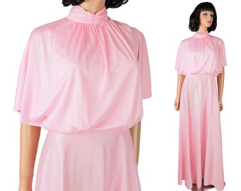 Disco Goddess Dress Sz S Vintage 70s Long Maxi Light Pink Cape Gown Costume