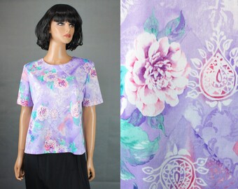 Short Sleeve Blouse Sz 14 L Vintage 80s Purple Pink White Floral Paisley Shirt