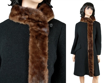 Vintage Princess Coat Sz M 60s Long Black Wool Brown Mink Trim Winter Jacket