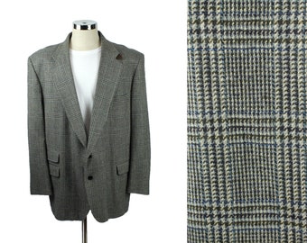 Elbow Patch Blazer 50R Slim Vintage Gray Blue Checked Wool Tweed Coat Jacket