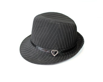 Ladies Pinstripe Fedora L 7 1/4 Vintage Black White Rhinestone Heart Trilby Hat