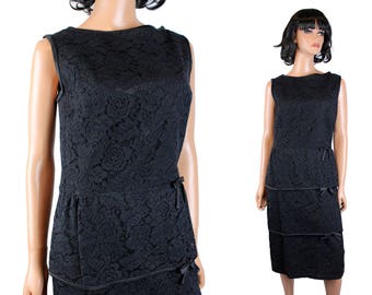 60s Cocktail Dress Sz M Vintage Black Lace Sleeveless Hourglass Bombshell Gown