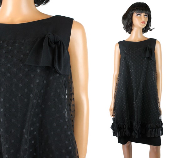 60s Cocktail Dress XS Vintage Black Sleeveless Po… - image 1