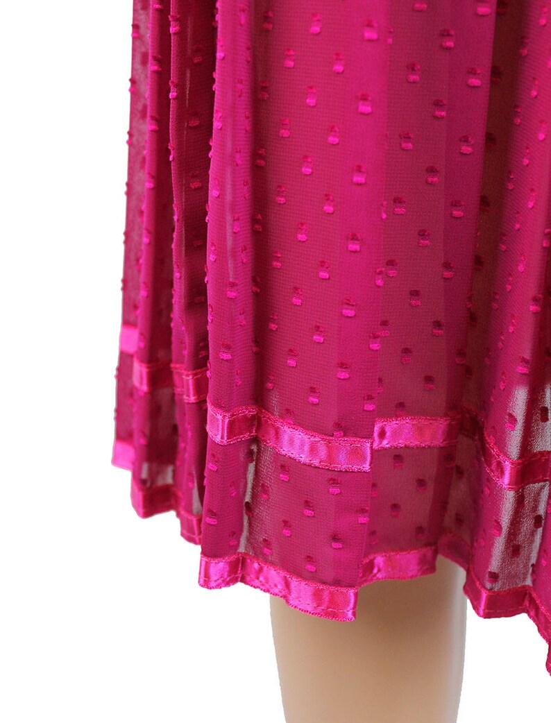 80s Secretary Dress Sz S Vintage Sheer Fuchsia Dark Pink Chiffon Crepe Swiss Dot Free US Shipping